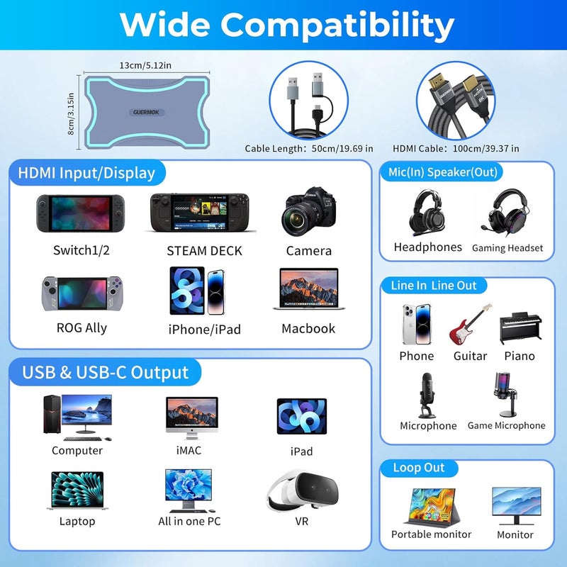 Guermok 4K HDMI Capture Card with Touch LED, Dual HDMI in/Loop-Out, USB 3.0, 4K@60Hz/ 2K@144Hz Video Capture, Mic/Line in, 4K60 Passthrough, Efficient Cooling, Streaming and Gaming for Switch2/1 - Image 3